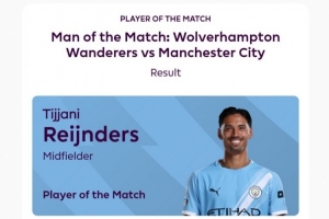 开云体育下载-传射建功，官方：赖因德斯当选曼城vs狼队全场最佳球员