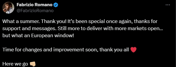 kaiyun-夏窗转会正式落幕，罗马诺深情致谢球迷：今夏值得铭记，感恩同行